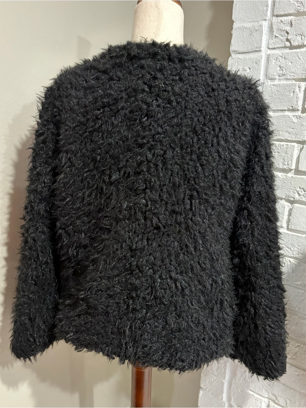 Miss London Black Fuzzy Open-Front Women's Jacket - Picture 2 of 5